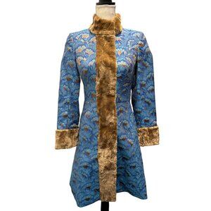 Trina Turk Women's Floral Brocade Kimono Style Coat With Faux Fur Trim & Cuffs